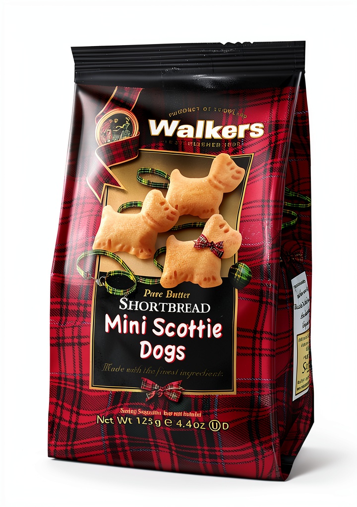 Walkers Shortbread Mini Scottie Dogs cookies displayed on a tea tray, showing bite‑size Scottish shortbread snack