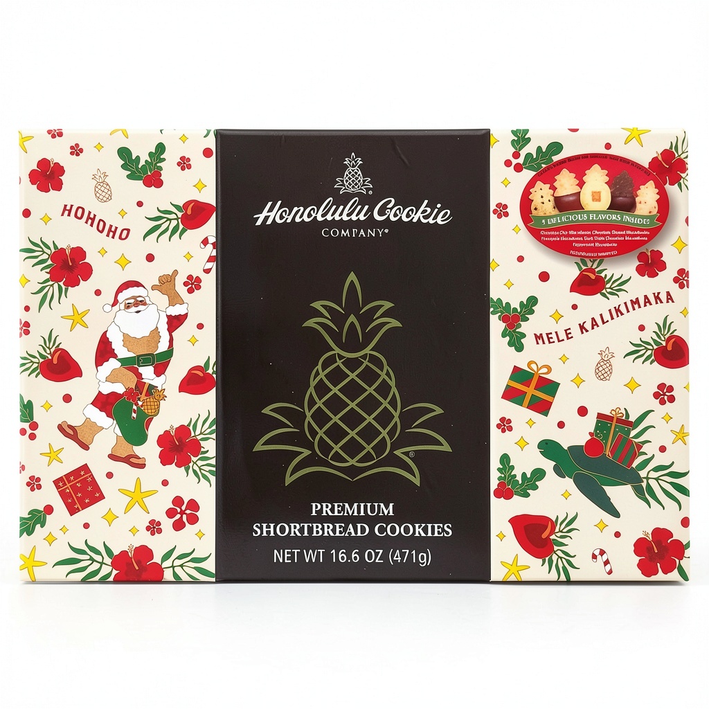 Honolulu Cookie Hawaiian Shortbread Holiday Gift Box displayed on a wooden holiday table with festive décor