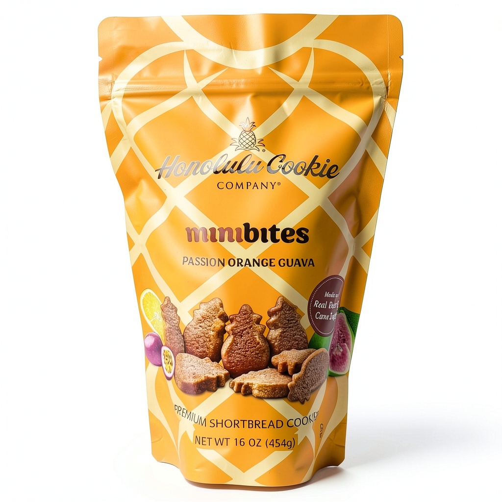 Installing Honolulu Cookie Company POG Shortbread Mini Bites on a wooden desk