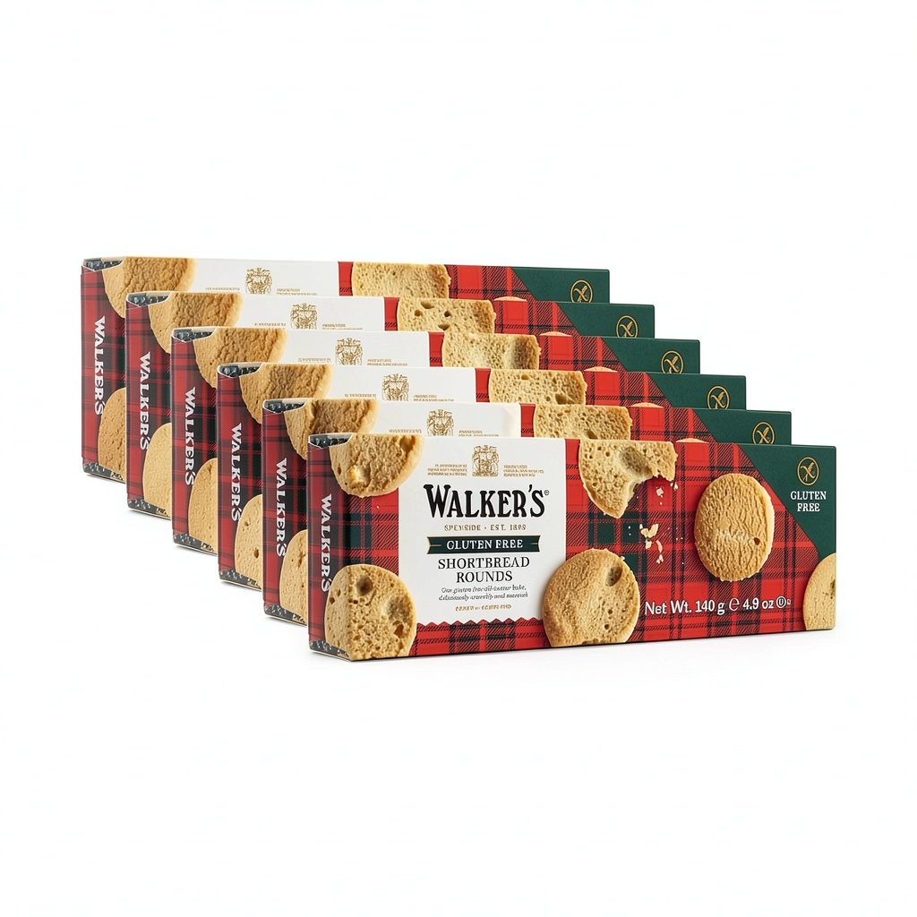 Walker’s Shortbread Gluten Free Classic Cookies displayed on a wooden tea‑time tray with tea cups and ice‑cream